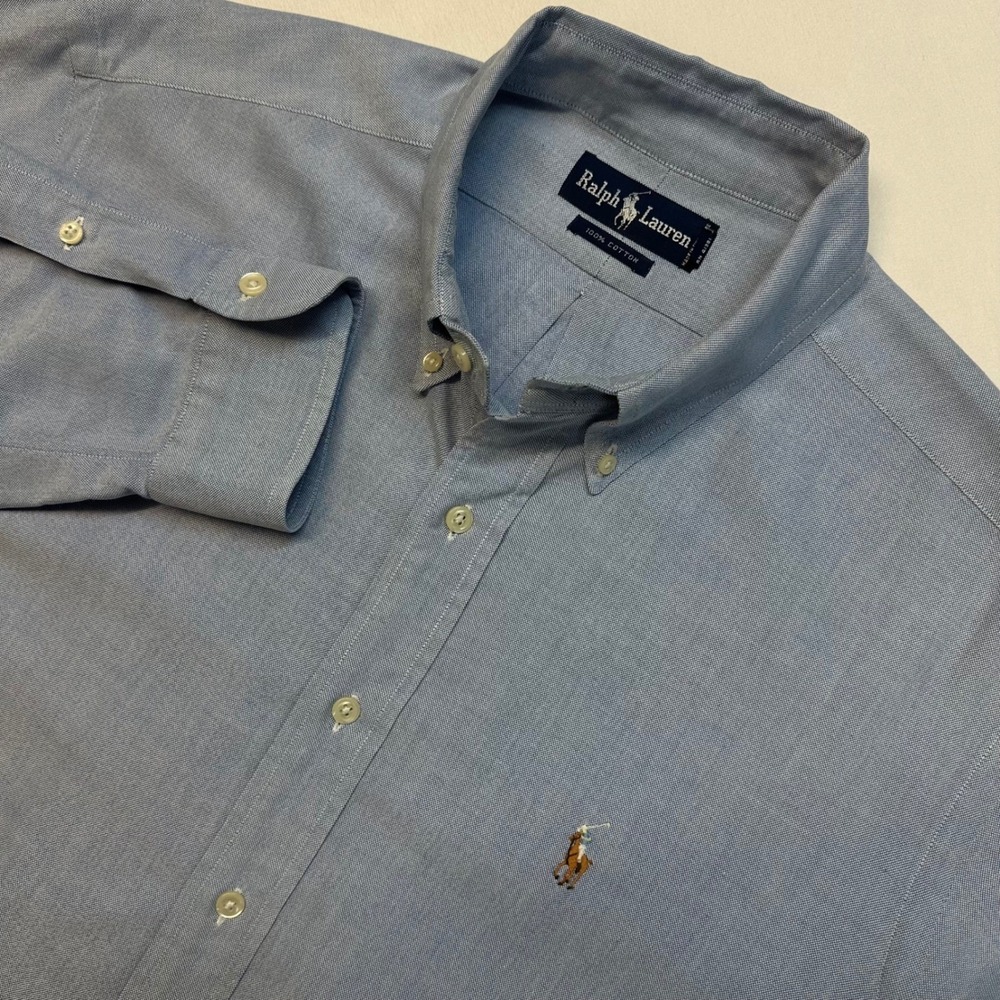 Ralph Lauren Button Down Shirt Men's 17-34 Blue Oxford Cotton Pony Logo